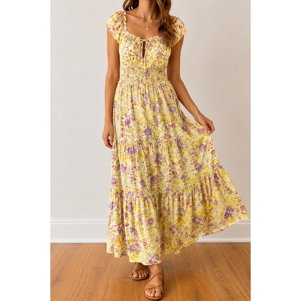 Old Navy Floral Tiered Maxi Dress XS Peasant Cottagecore Milkmaid Prairie Boho